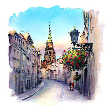 Watercolor sketch of Swidnica street and Cathedral, Silesia, Poland.