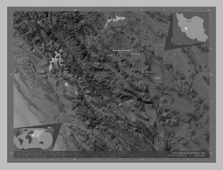 Chahar Mahall and Bakhtiari, Iran. Grayscale. Labelled points of cities