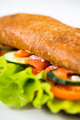 Photo of a delicious freshly made sandwich from brown bread with meat, red fish, greens, sauce, eggs, cheese and other sandwich ingredients on a white modern porcelain plate on a white background 