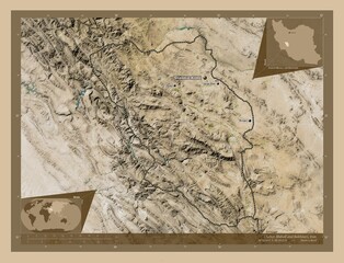 Chahar Mahall and Bakhtiari, Iran. Low-res satellite. Labelled points of cities