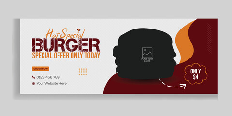 Food menu and delicious burger Facebook cover banner social media ident personal social media cover photo template design premium vector