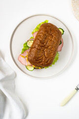 Photo of a delicious freshly made sandwich from brown bread with meat, red fish, greens, sauce, eggs, cheese and other sandwich ingredients on a white modern porcelain plate on a white background 