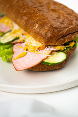 Photo of a delicious freshly made sandwich from brown bread with meat, red fish, greens, sauce, eggs, cheese and other sandwich ingredients on a white modern porcelain plate on a white background 