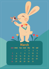 Calendar 2023 for March. Year of the rabbit, symbol of the new year. The week starts on Sunday. A cute rabbit with a bouquet in its paws smiles and listens to the singing of a bird