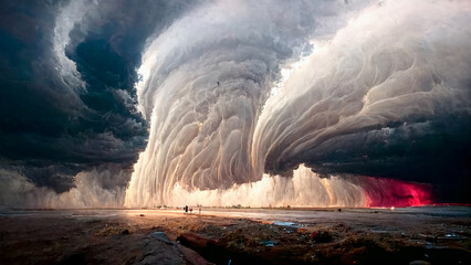 Large clouds on grasslands, thunderstorm rainstorm tornado warning weather photography - obrazy, fototapety, plakaty
