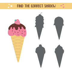 Educational shadow matching game with ice cream for children. Sweet food in flat style. Logic game for kids. Worksheet template. Find the correct shadow.