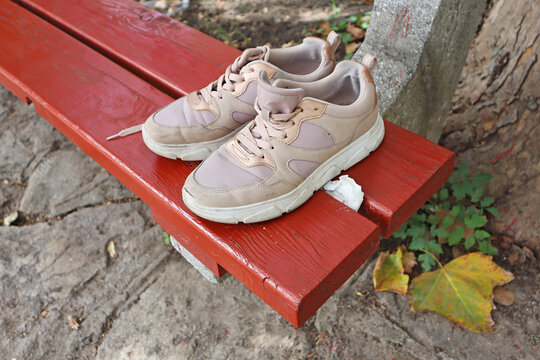 Old Ruined Shoes On A Park Bench