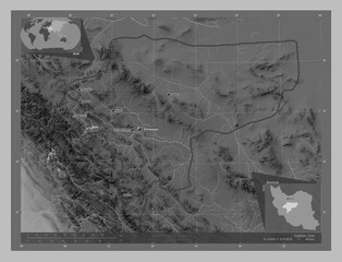 Esfahan, Iran. Grayscale. Labelled points of cities