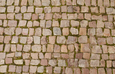 Granite cobblestoned pavement background. Full frame of regular square cobbles in rows. Natural stone textured background. 