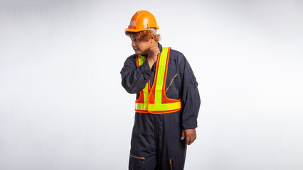 Portrait male laborers wearing suits and shirts with helmets.