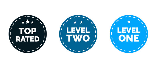icon pin label rating performance apps or website or staff. top rated, level two and level one.