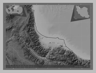 Gilan, Iran. Grayscale. Labelled points of cities