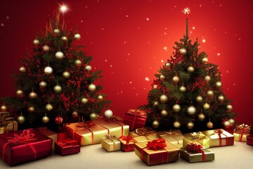 Fototapeta na wymiar New Year, Christmas tree with gifts, red background