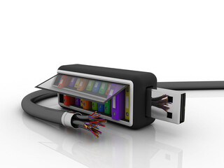 3d rendering office document Binder with pen drive near optical cable