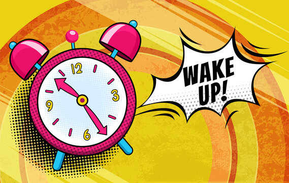 Comic alarm clock. Pop art colorful and dynamic cartoonish icon in retro style.  bright cartoon object with halftone dots shadow and expression wake up in speech bubble