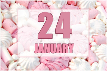 calendar date on the background of white and pink marshmallows. January 24 is the twenty-fourth  day of the month