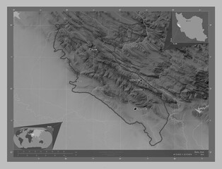 Ilam, Iran. Grayscale. Labelled points of cities