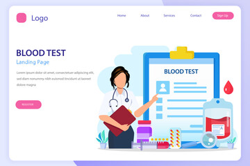Medical blood test landing page website flat vector template