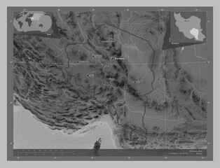 Kerman, Iran. Grayscale. Labelled points of cities