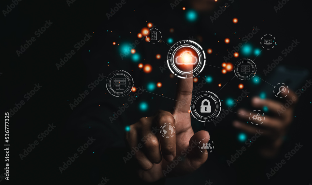 Aufkleber Businessman Touching virtual cloud computing selective to download and loading data information and upload on system network application. Technology transformation concept