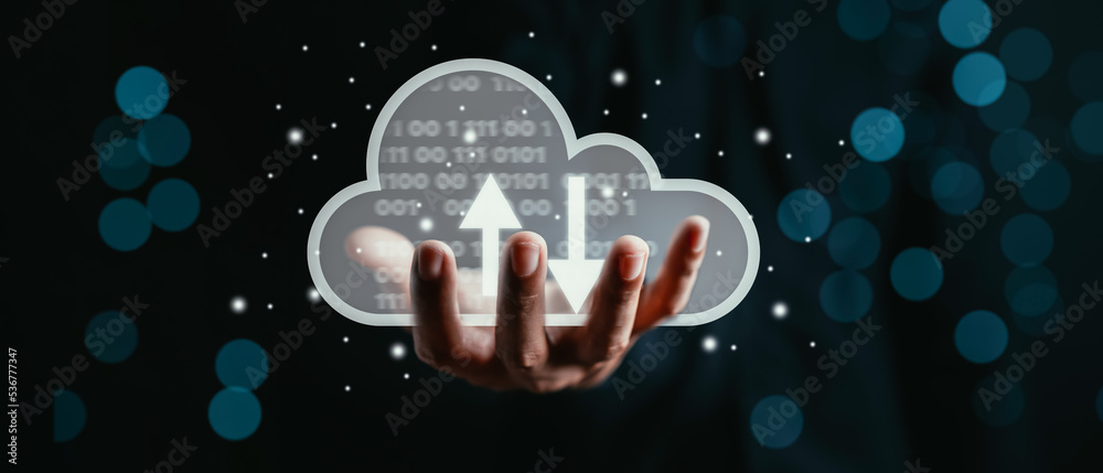 Aufkleber Hand holding virtual cloud computing to download and loading data information and upload on system network application. Technology transformation concept