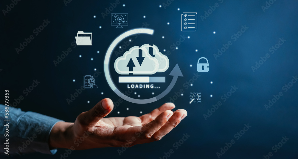 Poster Businessman showing virtual glowing cloud computing to download and loading data information and upload on system network application. Technology transformation concept