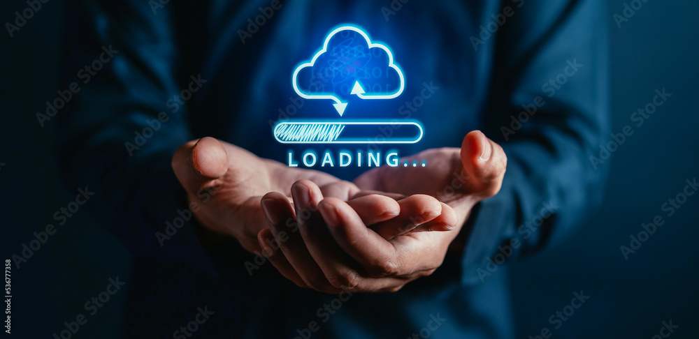 Fototapete Businessman showing virtual glowing cloud computing to download and loading data information and upload on system network application. Technology transformation concept