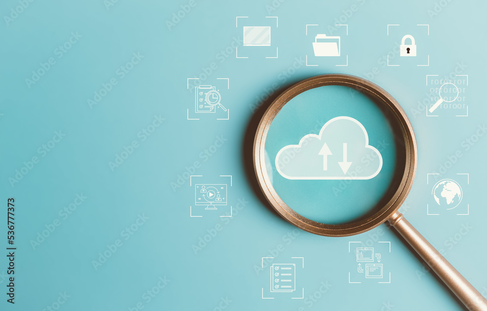 Aufkleber Cloud computing to upload data. Magnifier glass focus to cloud big data to download and loading information and upload on system network application. Technology