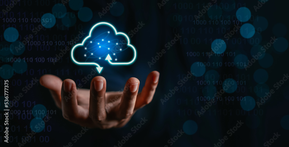 Fototapete Hand hold glowing virtual cloud computing to download and loading data information and upload on system network application. Technology transformation concept