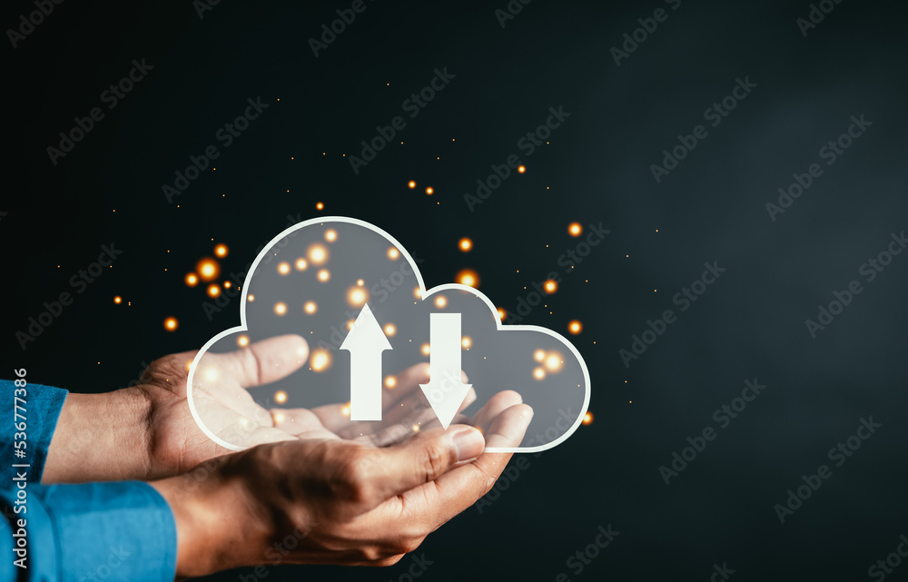 Fototapete Hand holding virtual cloud computing to download and loading data information and upload on system network application. Technology transformation concept