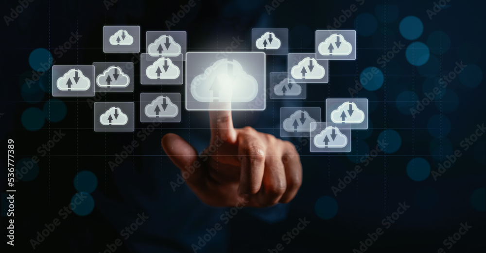 Aufkleber Hand Touching virtual cloud computing selective to download and loading data information and upload on system network application. Technology transformation concept