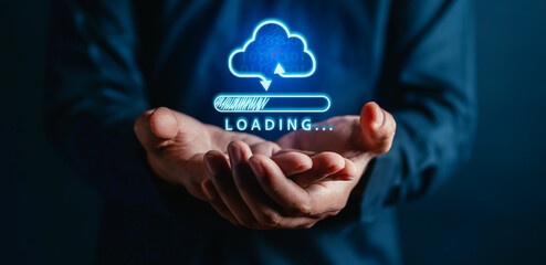 Businessman showing virtual glowing cloud computing to download and loading data information and upload on system network application. Technology transformation concept