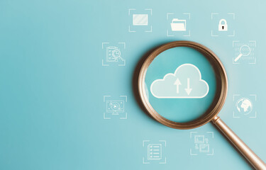 Cloud computing to upload data. Magnifier glass focus to cloud big data to download and loading...