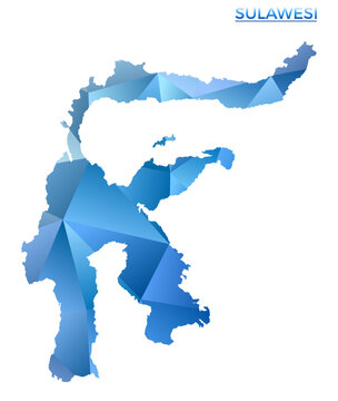 Vector polygonal Sulawesi map. Vibrant geometric island in low poly style. Awesome illustration for your infographics. Technology, internet, network concept.