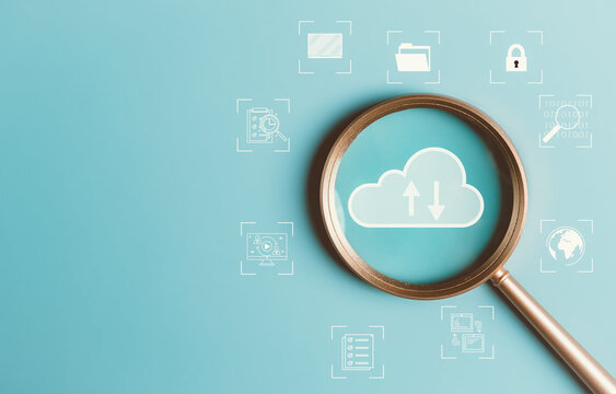 Cloud computing to upload data. Magnifier glass focus to cloud big data to download and loading information and upload on system network application. Technology