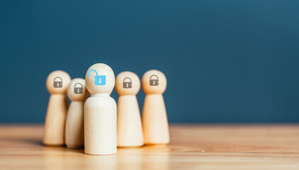 Businessman unlock idea, creativity concept, Human wood block model with icon. Unlock which is...