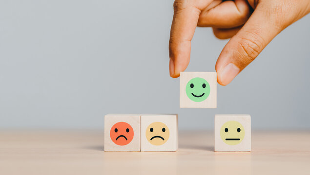 Smiley Face Mental Health Assessment Positive. Hand Putting Excellent Emotion Wood Cube Block, Child Wellness,world Mental Health Day Lifestyle Of Life Concept.