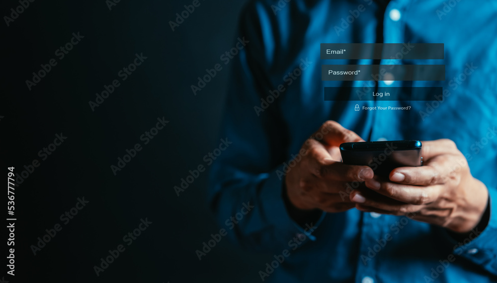 Poster Cybersecurity and privacy to protect data. Lock icon and internet network security technology. Businessmen protecting personal data on smart phone or mobile phone by virtual interfaces.