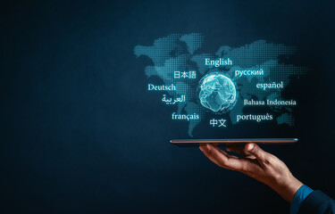 Hand of businessman using smartphone for translation or translate on the mobile app worldwide...