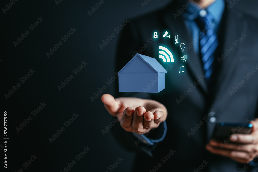 Poster smart home with icon technology eco-system wireless control internet network concept. businessman ho