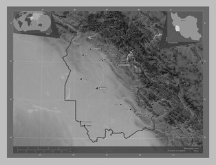 Khuzestan, Iran. Grayscale. Labelled points of cities