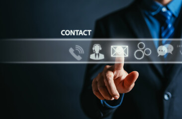 Businessman hand touching on virtual tab contact icons. Contact us or Customer support hotline people connect. ( email, address, live chat, internet wifi )