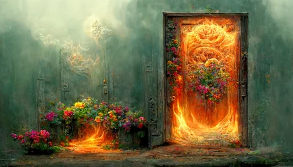 Foto op Canvas Ethereal summer flowers carved fire door © vladnikon