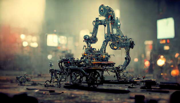 Scary robot android. Old metal, mechanisms, gears