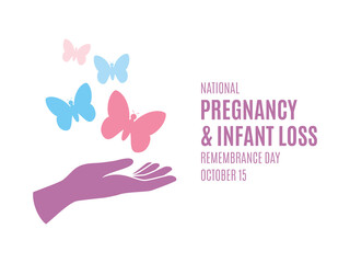 National Pregnancy and Infant Loss Remembrance Day vector. Hand with pink and blue butterflies icon vector. Remembrance day for miscarriage and pregnancy loss vector. October 15. Important day
