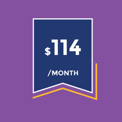 114 dollar price tag. Price $114 USD dollar only Sticker sale promotion Design. shop now button for Business or shopping promotion
