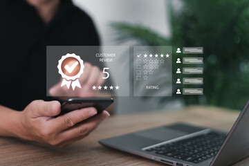 Naklejka premium Customer review satisfaction feedback and Rating to service experience on the online application concept, Customer use smartphone evaluate quality of service leading to reputation ranking of business.