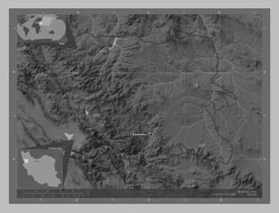 Kordestan, Iran. Grayscale. Labelled points of cities