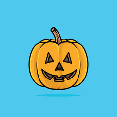 Cartoonish vector Halloween pumpkin with a candle inside. Happy face Halloween pumpkin isolated on blue background.