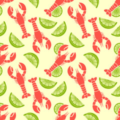 Lobster and Lime slices seamless pattern. Vector illustration